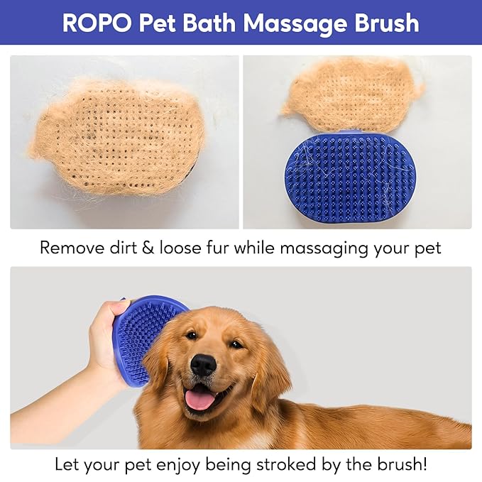 Dog bath brush, ROPO rubber massage pet shampoo brush, used for pet grooming, removing shedding fur, combing tangles and dead fur, suitable for pet dogs and cats (blue)