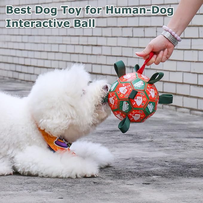 QDAN Christmas Dog Soccer Balls with Straps, Interactive Dog Toys for Tug of War, Puppy Birthday Gifts, Dog Tug Toy, Dog Water Toy, Durable Dog Balls for Small & Medium Dogs(6 Inch)