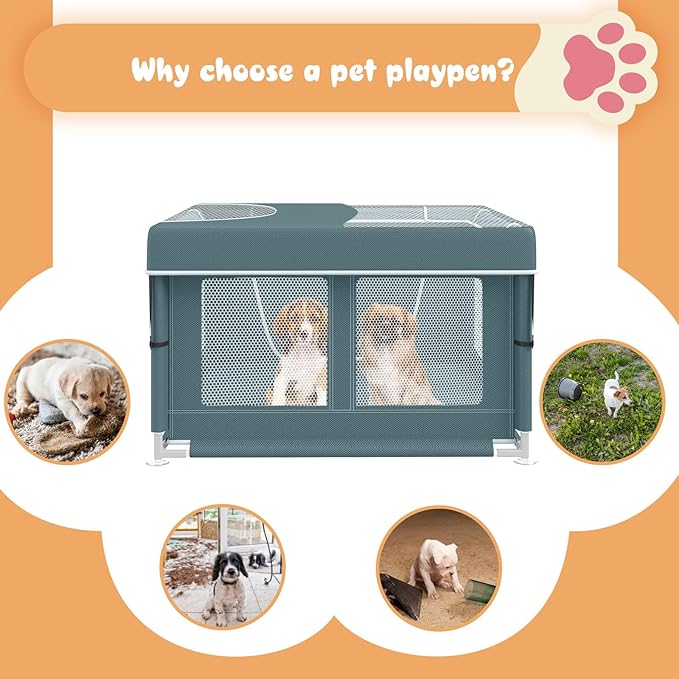 Puppy PlayPen 42 × 42 Inch, Dog Playpen with Gate for Puppies, Cat, Small and Medium Dogs, Pet PlayPen with Roof for Outdoors & Indoors, Thickened Fabric, Safe & Sturdy Dog Fence(Green)