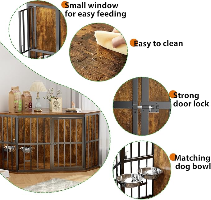 Large Dog Crate Furniture, 53โ Heavy Duty Corner Dog Crate with 2 Stainless Steel Bowls, Dog Kennel Furniture Style House, Wooden Decorative Pet House End Side Table, Chew-Resistant, Rustic