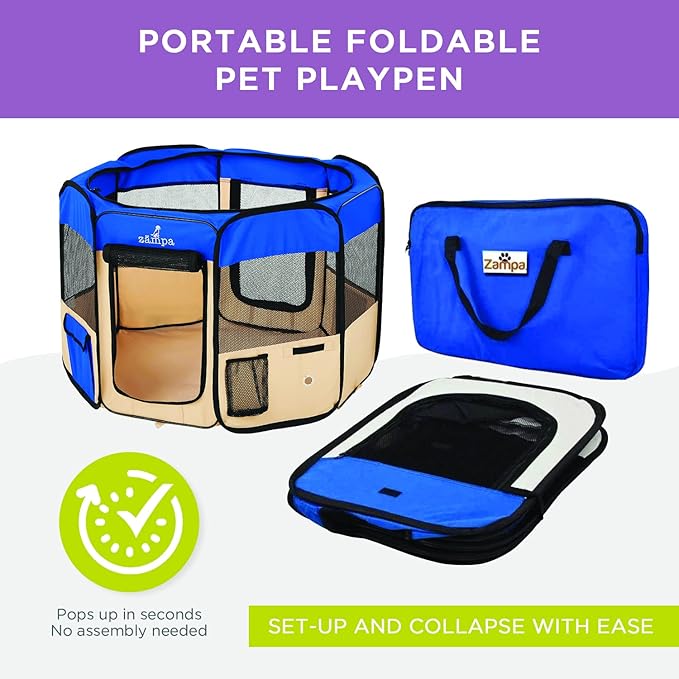 Zampa Puppy Playpen Extra Small 29"x29"x17" Portable Pop Up Playpen for Dog and Cat, Foldable | Indoor/Outdoor Kitten Pen & Travel Pet Carrier + Carrying Case.