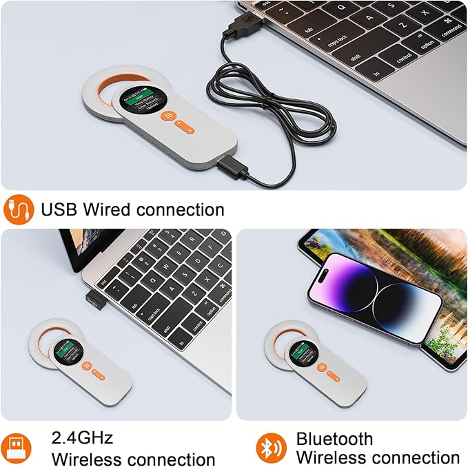 Pet Microchip Scanner Rechargeable RFID EMID Micro Chip Reader Scanner (2.4GHz Wireless+Bluetooth+USB) All in one 1.44” TFT Screen Display ISO11784 / ISO11785 / FDX-B and EMID for Animal/Pet/Dog/Cat