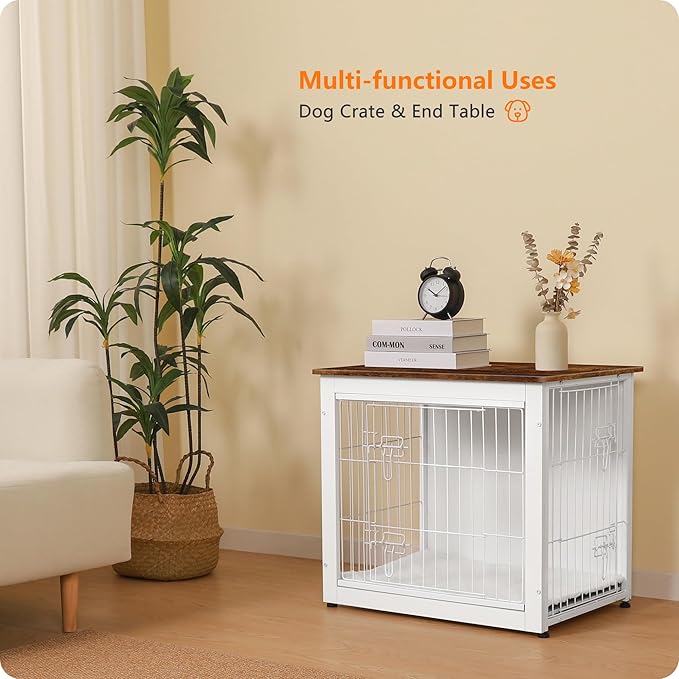 DWANTON Dog Crate Furniture with Cushion, Wooden Dog Crate with Double Doors, Dog Furniture, Dog Kennel Indoor for Small Dog,End Table, 27.2" L, White+Rustic Brown