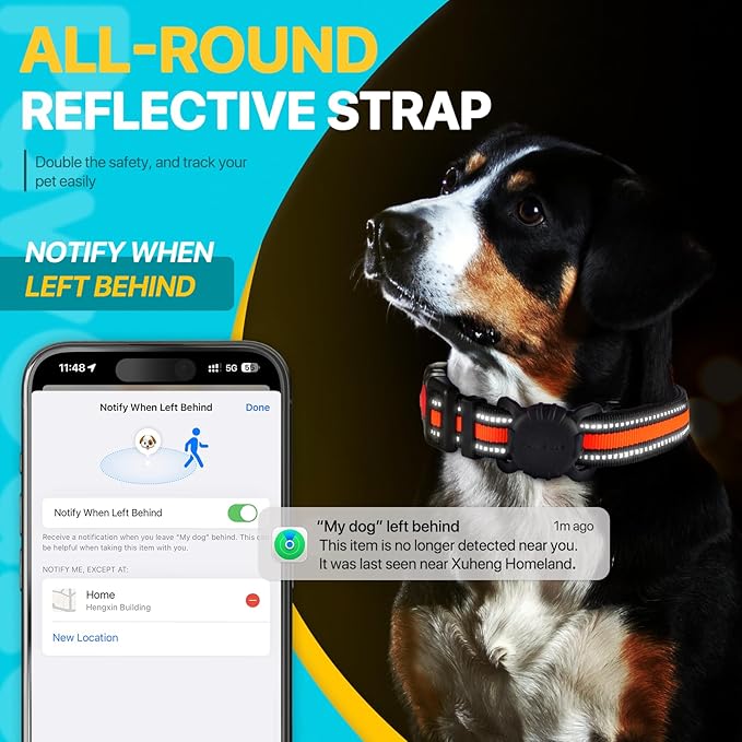 Dog Tracker Collar, No Monthly Fee Cat Tracker Collar(Only iOS), Compatible with Apple FindMy App, Reflective FinderTag Smart Collars, Anti-Lost, Key Finder for Pets/Items(NOT GPS)