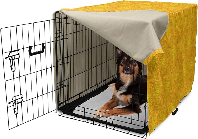 Lunarable Yellow Mandala Dog Crate Cover, Vibrant Colored Abstract Lotus Flowers Native Art Warm Sun Inspired, Easy to Use Pet Kennel Cover for Medium Large Dogs, 36 Inch, Yellow Orange