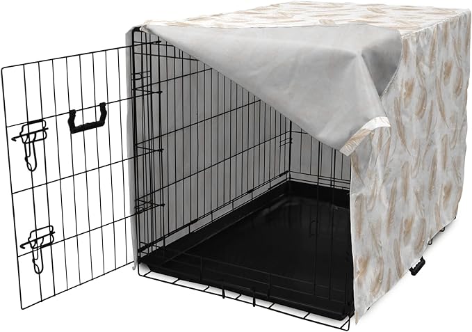 Lunarable Cream Dog Crate Cover, Fluffy Soft Flying Bird Feathers Hand Drawn Style Tender Nature Plumage Pattern, Easy to Use Pet Kennel Cover for Medium Large Dogs, 36 Inch, Pale Tan White