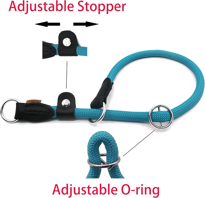 Braided Rope Collar, Training Dog Collar, Round Martingale Collar, Slip Collar with Adjustable Stopper and Slidable Stop Ring - Ideal for Extra Large Dogs (XL(1/2") - 24" Long, Light Blue)