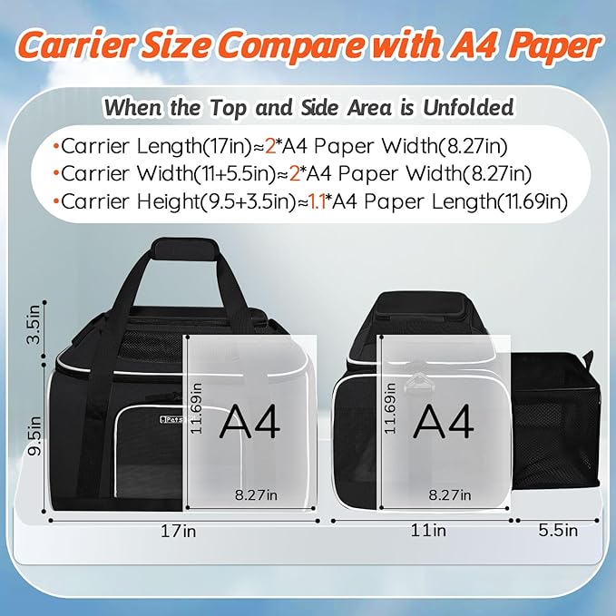 Petskd Top and Side Expandable Pet Carrier 17x11x9.5 Inches Alaska Airline Approved, Soft-Sided Carrier for Small Cats and Dogs with Locking Safety Zippers and Anti-Scratch Mesh(Black)
