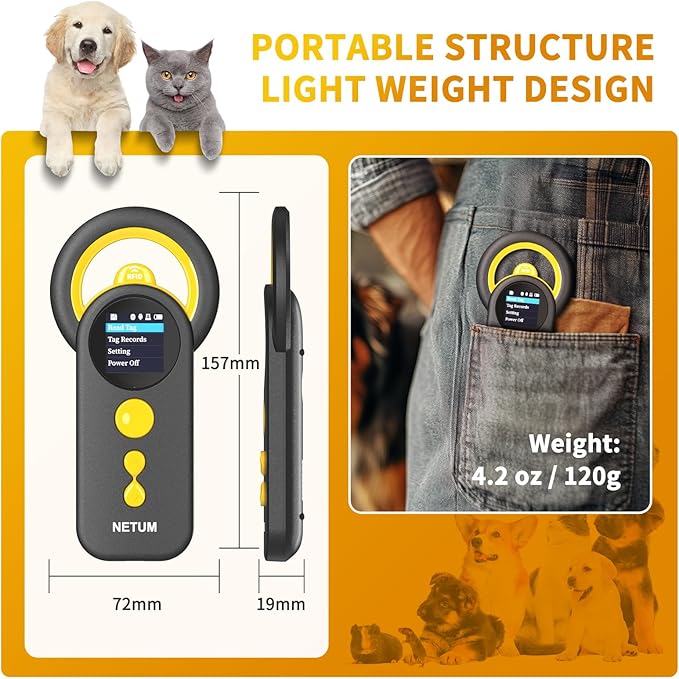NETUM Bluetooth Pet Microchip Reader, 3-in-1 Wireless Animal Universal Microchip Tag Reader Scanner with 1.44" TFT Screen, 1200mAh Rechargeable Battery, Stores Up to 20000 Records (DJ-130)