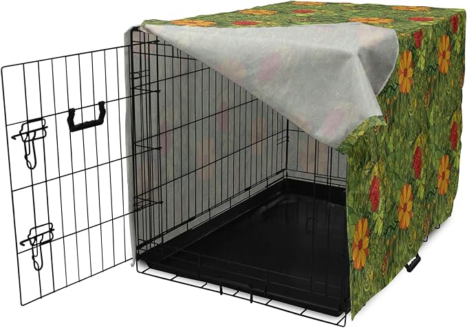 Ambesonne Floral Dog Crate Cover, Funky Flower Foliage Bush with Fractal Retro Jungle Art Design, Easy to Use Pet Kennel Cover for Medium Large Dogs, 42 Inch, Olive Green