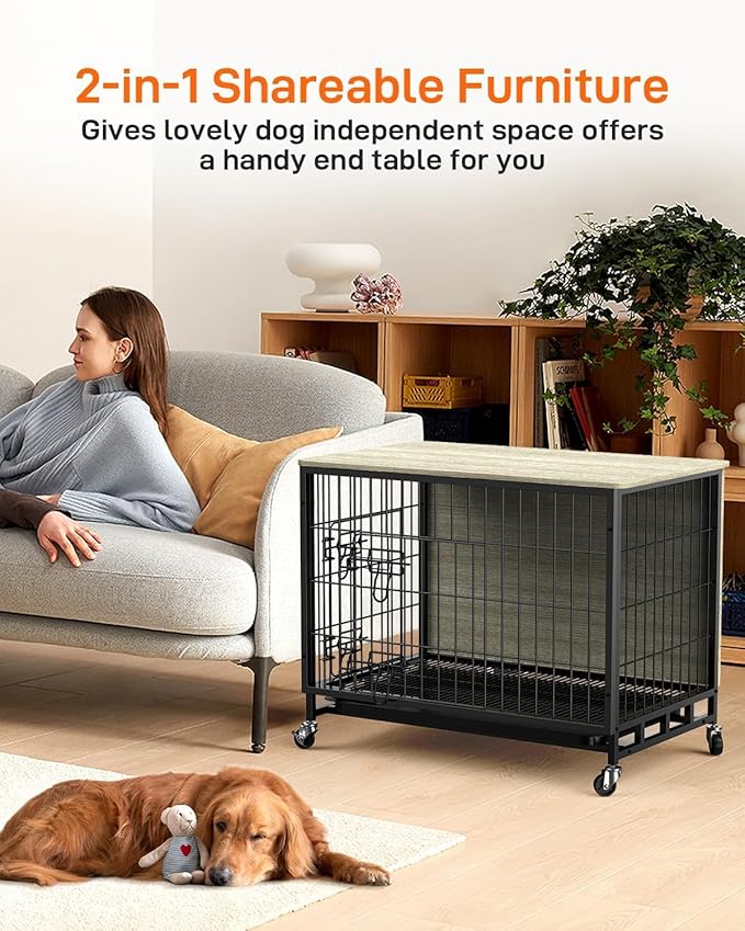 Dog Crate Furniture, Large Dog Kennel with Dual Doors, Removable Tray & 360° Wheels, Indoor Homefor Medium Dogs (Grey & Black, Medium)