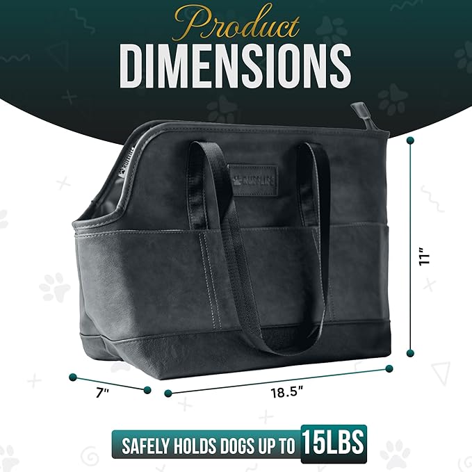 Luxury Dog Purse Carrier for Small Dogs, Faux Leather Pet Carrier Purse, Secure Harness Clip, Dog Tote Bag Carrier for Small Dogs and Puppies - Black