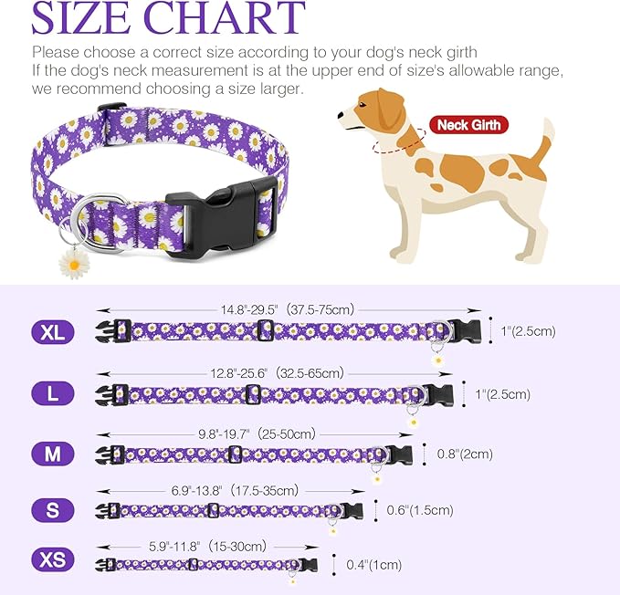 BiPawTi Floral Dog Collar for Girl Boy - Dog Collars Cute Flower Puppy Collar for Extra Small Dog, Soft Adjustable Dogs Collar for Small Dogs with Pretty Daisies Charms (XS, Purple)
