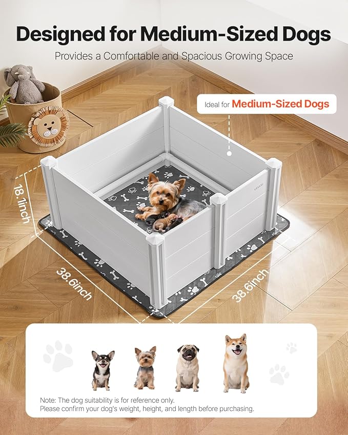 VEVOR Dogs Whelping Box, 38.6 x 38.6 x 18.1 inch, Plastic PVC Puppies Playpen with Height Adjustable Door and Washable Pee Pad, Anti-Deformation Indoor Puppy Play Pen for Medium Breed Dogs, Milk White