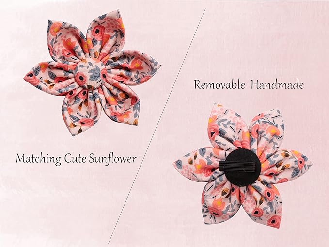 Uniqe Style Paws Flower Dog Collar, Peach Rose Adjustable Girl Dog Collar with Flower, Durable Floral Pattern Pet Collar for X-Small Female Dogs