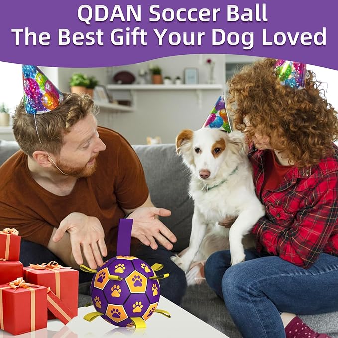 QDAN Dog Ropes Toys Soccer Ball with Straps, Interactive Dog Toys for Tug of War, Puppy Birthday Gifts, Dog Tug Toy, Dog Water Toy, Durable Dog Balls for Small & Medium Dogs(6 Inch)