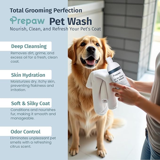 Pet Wash - 5 in 1 (Cleans, Conditions, Moisturizes, Deodorizes & Detangles) - Natural Ingredients - Gentle for Sensitive Skin - Softens Coat & Quick Rinse | Light Citrus Scent, 16 fl oz