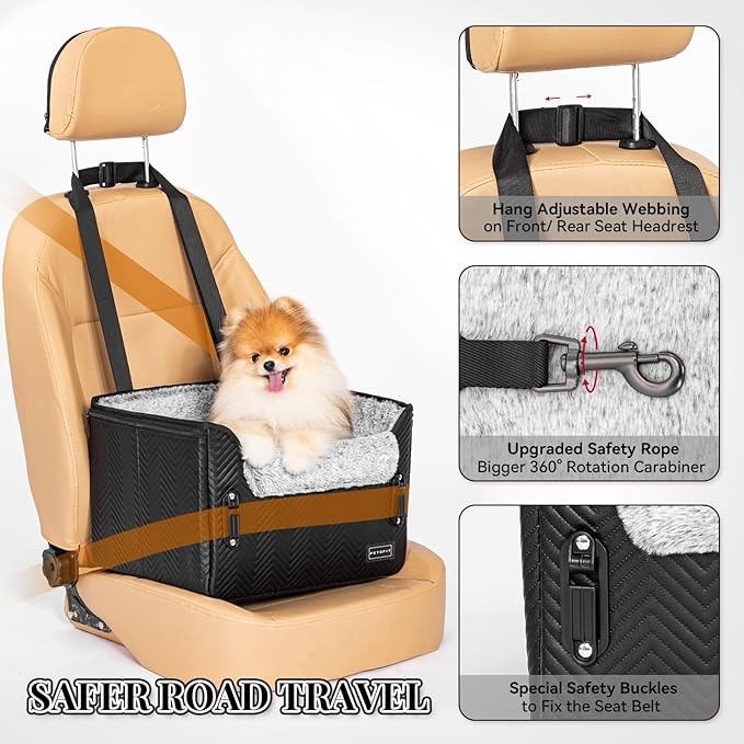 PETSFIT Dog Car Seat, Waterproof PU Leather Dog Carseat with Patented Safe Buckles, Clip-On Leash, Pet Travel Carrier Bed for Small Pets Up to 25lbs (Black)