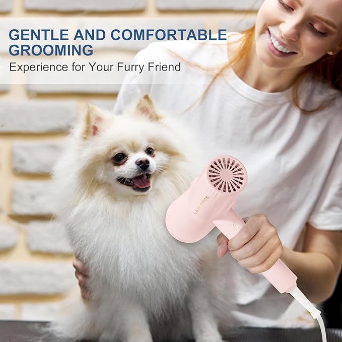 L&W BROS. Low Noise Pet Hair Dryer with Slicker Brush, Overheating Protection, Adjustable Temperature for Grooming (Pink)