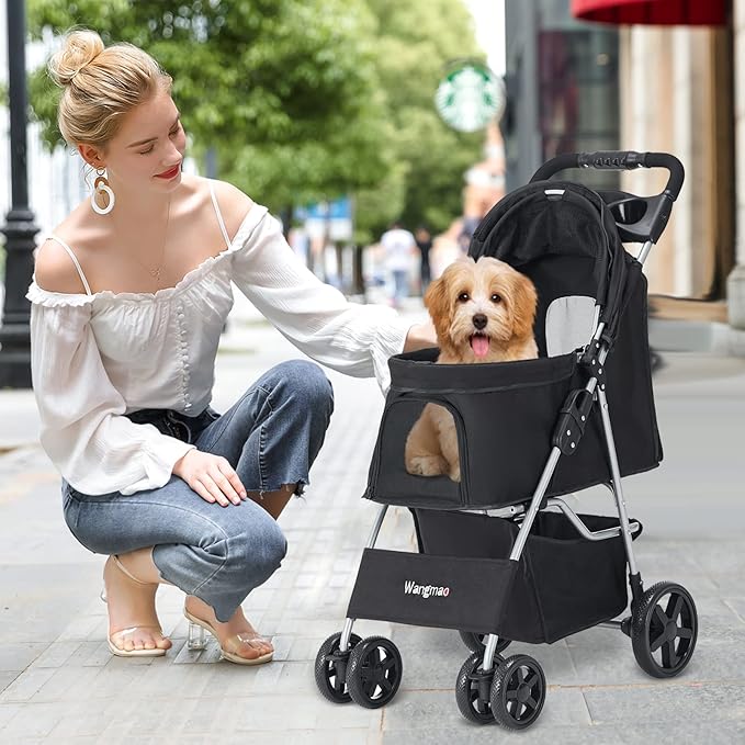 Pet Stroller for Medium Small Dogs and Cats, Folding Puppy Stroller Dog Cat Cage Jogger Stroller with Cup Holder and Storage Basket, 4 Wheels, Black
