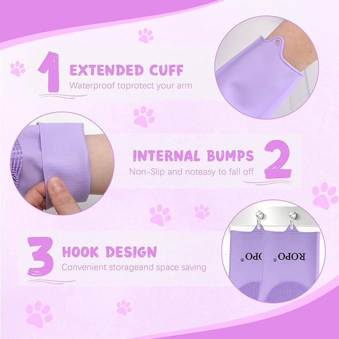 ROPO silicone gloves for pet grooming, multi-functional gloves for pet hair shedding, bathing, and massage (Purple)