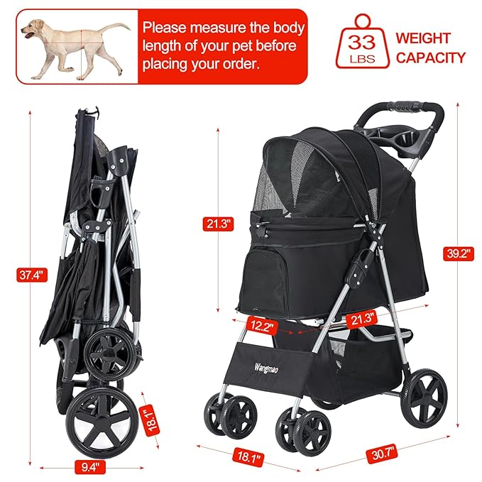 Pet Stroller for Medium Small Dogs and Cats, Folding Puppy Stroller Dog Cat Cage Jogger Stroller with Cup Holder and Storage Basket, 4 Wheels, Black