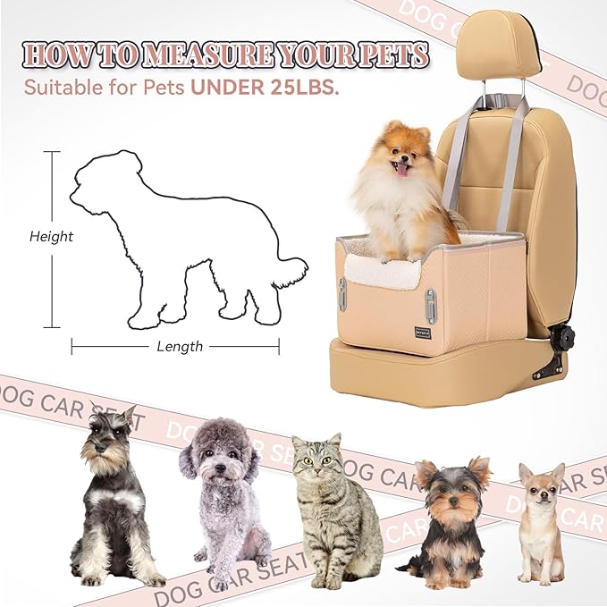 PETSFIT Cat Car Seat, Waterproof PU Leather Dog Booster Car Seat with Patented Safe Buckles, Clip-On Leash, Pet Travel Carrier Bed for Small Pets Up to 25lbs (Orange)