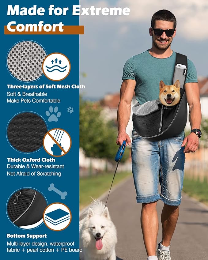 Pawaboo Dog Sling Carrier, Dog Papoose with Zipper Touch Pocket, Hand Free Breathable Mesh Puppy Carrier, Crossbody Satchel Dog Purse with Adjustable Strap for Outdoor Travel, Black, Large