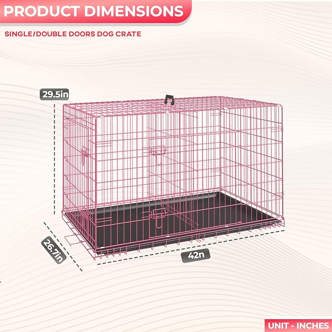 FDW Dog Crate for Large Dogs 42 Inch Folding Metal WirePet Cage Double Door W/Divider Panel Indoor Outdoor Kennel Leak-Proof Plastic Tray,Pink