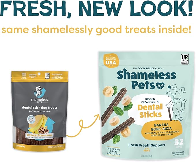 Shameless Pets Banana Bone-Anza Dental Treats for Dogs - Dental Sticks with Hip & Joint Support for Teeth Cleaning & Fresh Breath - Grain, Corn & Soy Free (32 Sticks)
