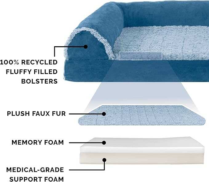 Furhaven Memory Foam Dog Bed for Large/Medium Dogs w/ Removable Bolsters & Washable Cover, For Dogs Up to 55 lbs - Two-Tone Plush Faux Fur & Suede L Shaped Chaise - Marine Blue, Large