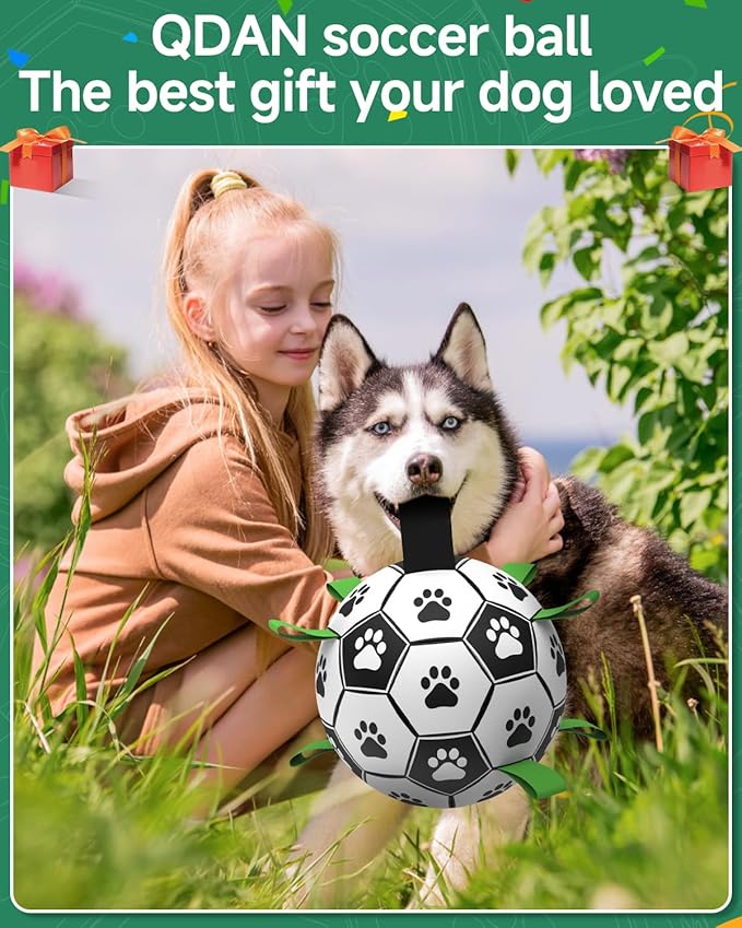 QDAN Dog Toys Soccer Ball with Straps - Durable Dog Balls for Giant Extra Large Dogs, Outdoor Dog Toys, Dog Water Toy, Herding Ball, Dog Birthday Gifts (10 Inch)