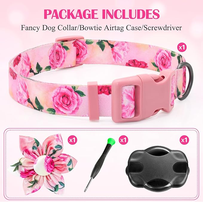 Airtag Dog Collar for Small Dogs, Rose-Pink Dog Collars Girl with AirTag Holder Waterproof Airtag Case, Including Flower Spring Dog Collar Bowtie, for All Female Dogs 