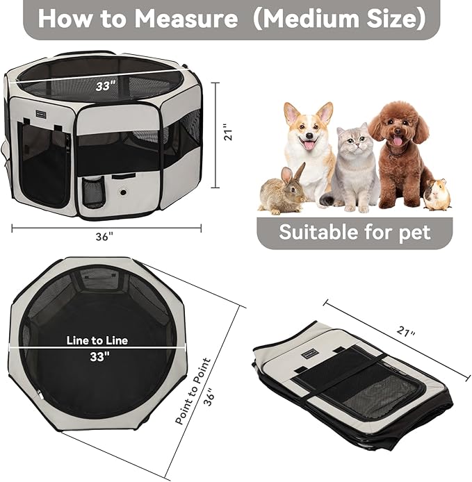 Petsfit 36" Dog Playpen with Dual Zipper Doors –Sturdy Foldable Puppy Playpen for Medium Dogs with Removable Mesh Top and Leakproof Bottom