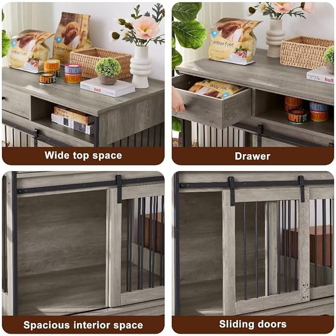Dog Crate Wooden Furniture Dog Crate with Drawers Furniture Style Dog Cage with Side Door for Medium and Large Dogs,35.43" x 23.62" x 33.46",Grey