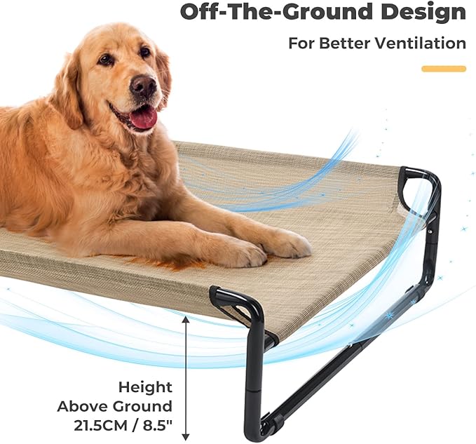 Veehoo Original Cooling Elevated Dog Bed, Outdoor Raised Dog Cots Bed for Large Dogs, Portable Standing Pet Bed with Washable Breathable Mesh, No-Slip Feet for Indoor Outdoor, Large, Beige Coffee
