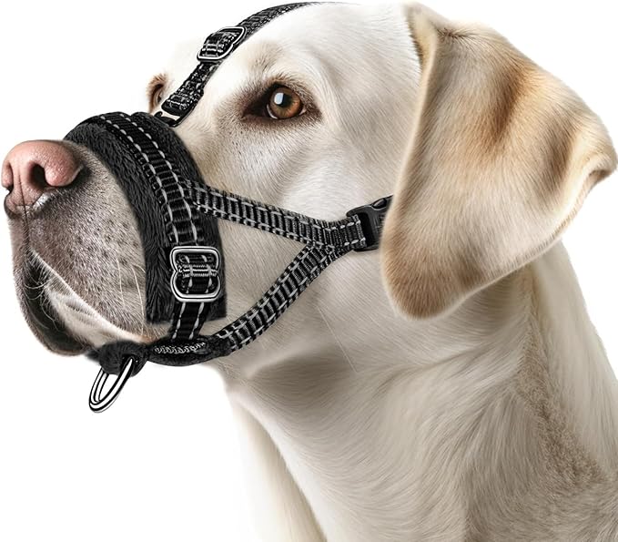 SlowTon Soft Dog Muzzle, Adjustable Padded Nylon Muzzle for Large Medium Dogs Anti Chewing Barking Biting, Allow Dog Pant & Drink(Black,Medium