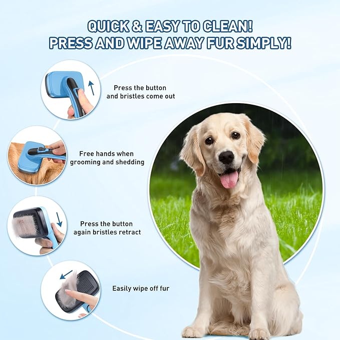 Dog Brush for Shedding, Self-Cleaning Slicker, 3 PCS Kit with Bath Brush & Comb, Perfect for Short & Long Haired Pets, Removes Mats, Tangles, Fur, Gentle on Skin, Ideal for All Dogs. Blue