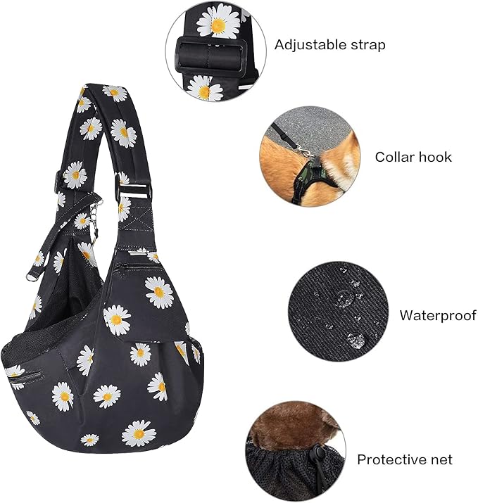 Petmolico Pet Dog Sling Carrier, Hands Free Pet Sling with Adjustable Padded Shoulder Strap Dog Cat Puppy Carrier Bag with Zipper Pocket for Subway Shopping Traveling, Black Daisy