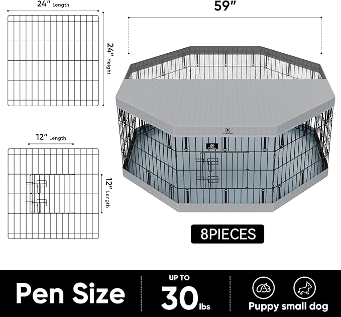 PJYuCien Puppy Playpen,8 Panels 24”H Dog Playpen with Gery Bottom Pad and Grey Top Cover,Metal Foldable Dog Exercise Pen for Indoor,Better for Small Pets