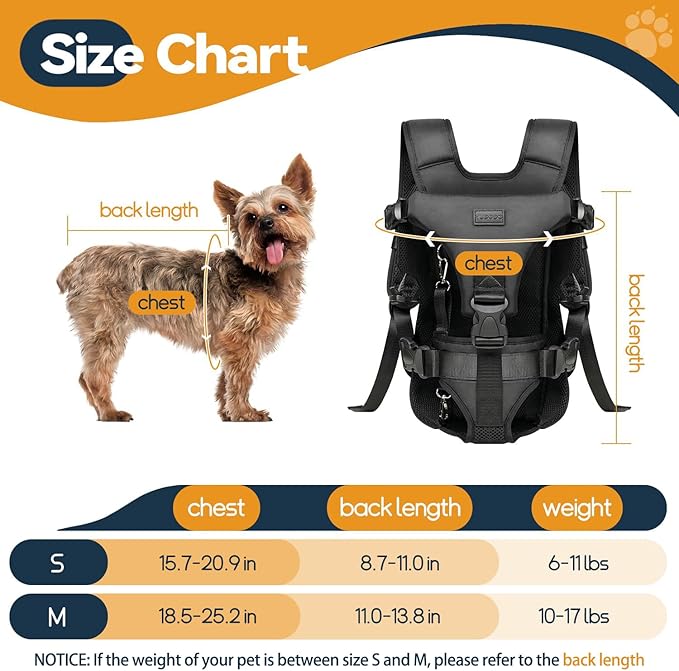 YUDODO Dog Backpack Carrier with Adjustable Safety Buckle Easy-fit Pet Dog Front Carrier for Small Medium Dog Legs Out Dog Chest Carrier for Traveling Walking Cycling (S Black)