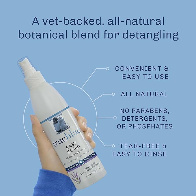 TrueBlue Lavender & Olive Extract Easy Comb Dog Hair Detangling Spray – Detangles, Conditions Coats for Dogs, Puppies, Cats – Moisturizing, Toxin Free, Natural Botanical Blend – 8.7 Fl. Oz.