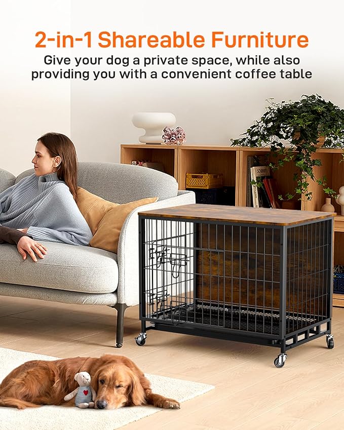 Dog Crate Furniture, Dog Kennel Indoor Double Doors Wooden Dog Cage, 32'' Dog Crate with Pull-Out Tray & Removable Wheels, Decorative End Table Pet House Chew-Resistant for Medium Dog, Rustic Brown