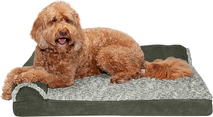 Furhaven Orthopedic Dog Bed for Large/Medium Dogs w/ Removable Bolsters & Washable Cover, For Dogs Up to 55 lbs - Two-Tone Plush Faux Fur & Suede L Shaped Chaise - Dark Sage, Large
