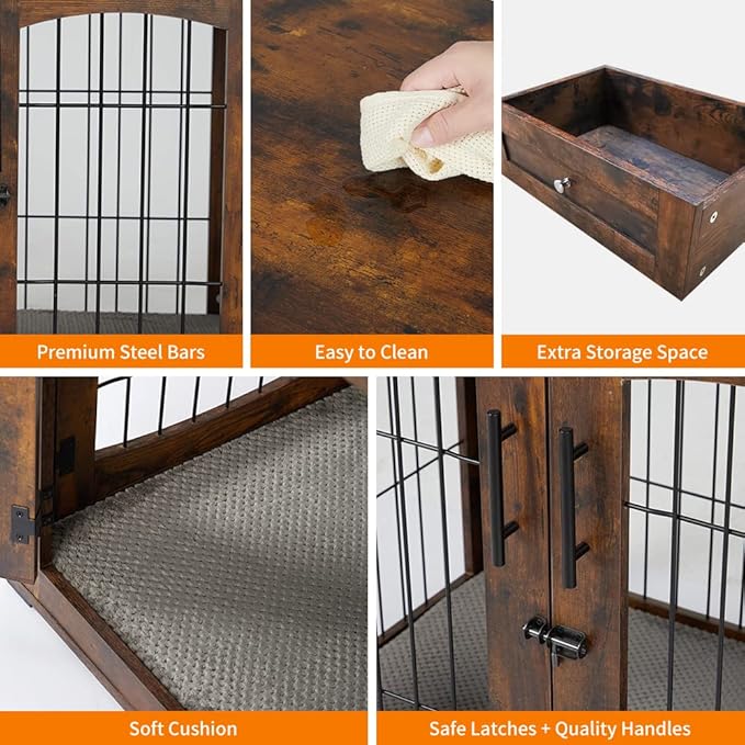 Dog Crate Furniture with Drawers and Cushion, 39.4" 3-Doors Dog Furniture, Wooden Dog House Kennel for Large/Medium/Small Dog, Dog Crate Table, Indoor End Table Dog House (Rustic Brown)
