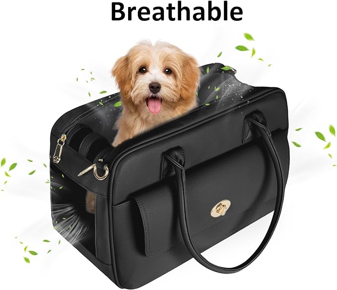 Fashion Pet Carrier Dog Purse Carrier Cat Soft-Sided Carriers for Puppy Kitten, Stylish Leather Handbag Tote Travel Pet Bag for Small Dogs Cats, TSA Airline Approved (Black)