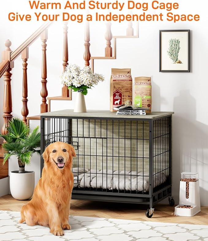 Dog Crate Furniture, Dog Kennel with Dual Doors, Dog Crates Furnitures with Removable Tray & 360° Wheels, Indoor Home for Small Dogs (Grey & Black, Small)