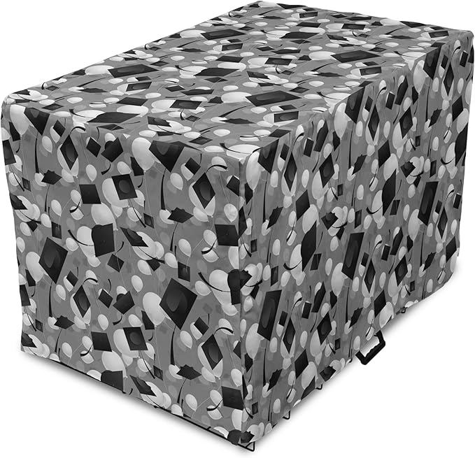 Lunarable Graduation Dog Crate Cover, Clutter of Mortarboard and Balloons in Greyscale Tones, Easy to Use Pet Kennel Cover for Small Dogs Puppies Kittens, 22 Inch, Charcoal Grey Dimgray