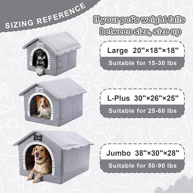 Jiupety Indoor Dog House with Frame, Large Dog Cave Bed, Insulated Cozy, Suitable for 50-90 lb, Jumbo (38"×30"×28"), Gray