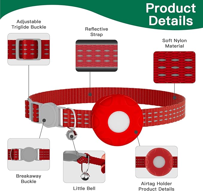 Cat Tracker Collar,No Monthly Fee Tracking Pet Collar with Finder Tag,Compatible with Apple Find My(iOS Only),Breakaway Tractive Design with Reflective Pattern & Bell,Red